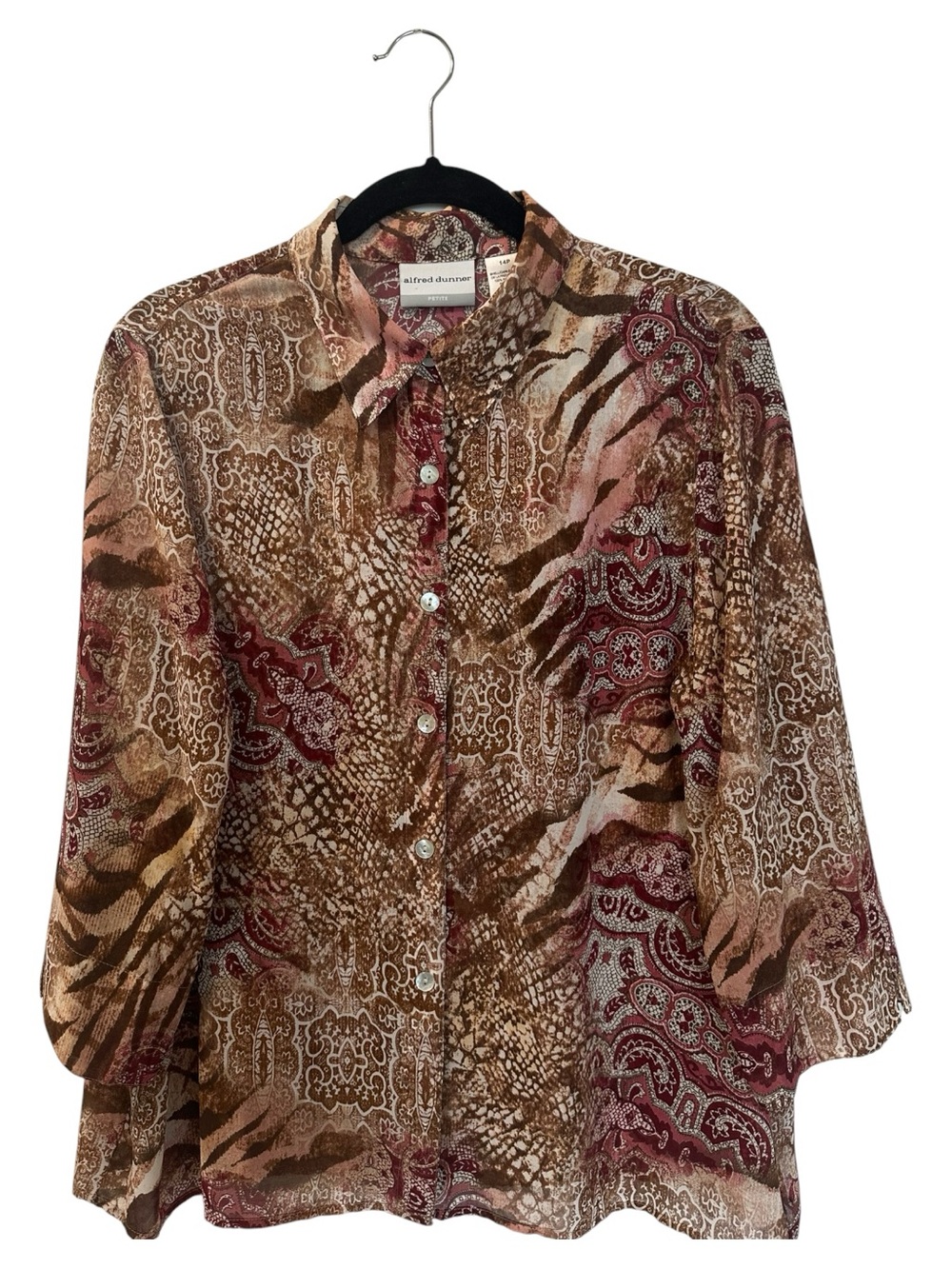 Alfred Dunner Semi Sheer Animal Print Button Up Blouse Tan/Mauve SZ 14P Career